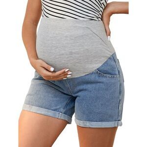 Maternity Over Belly Summer Workout with Pockets Jeans Shorts Blue